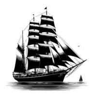 schwarz und Weiß Illustration von ein traditionell alt Segeln Schiff vektor