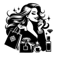 schwarz und Weiß Illustration von ein Glücklich luxuriös Einkaufen Dame mit Taschen und Diamanten und Parfum vektor