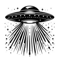 svart och vit illustration av ett UFO flygande fat vektor
