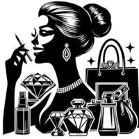 svart och vit illustration av en tur- lyxig handla lady med påsar och ruter och parfum vektor