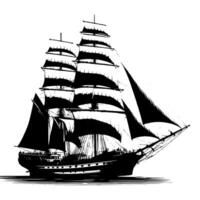 schwarz und Weiß Illustration von ein traditionell alt Segeln Schiff vektor