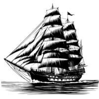 schwarz und Weiß Illustration von ein traditionell alt Segeln Schiff vektor