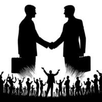 svart och vit illustration av en handslag mellan två företag män i kostymer vektor