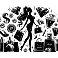 schwarz und Weiß Illustration von ein Glücklich luxuriös Einkaufen Dame mit Taschen und Diamanten und Parfum vektor