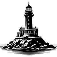 schwarz und Weiß Illustration von ein traditionell alt Leuchtturm auf das Felsen vektor