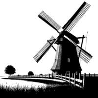 schwarz und Weiß Illustration von ein traditionell alt Windmühle im Holland vektor