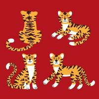 Reihe von niedlichen Cartoon-Tigern in verschiedenen Posen isolierte Vektorillustration. Symbol des chinesischen Feiertags, Zeichen des neuen Jahres 2022. Thema Tierwelt und Fauna, Katzendschungel, Maskottchen der wilden Säugetiere vektor