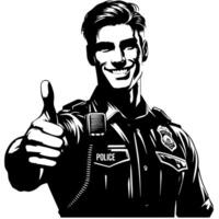 svart och vit illustration av en polis officer vem är som visar de tummen upp tecken vektor