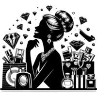 schwarz und Weiß Illustration von ein Glücklich luxuriös Einkaufen Dame mit Taschen und Diamanten und Parfum vektor