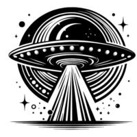 svart och vit illustration av ett UFO flygande fat vektor