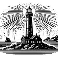 schwarz und Weiß Illustration von ein traditionell alt Leuchtturm auf das Felsen vektor