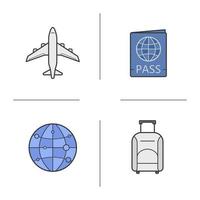 Flugreisen Farbsymbole gesetzt. internationaler Reisepass, Gepäckkoffer auf Rädern, Flug, weltweites Globussymbol. isolierte vektorillustrationen vektor