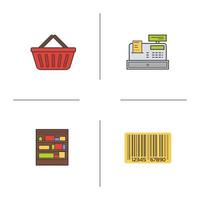 Supermarkt-Farbsymbole gesetzt. Einkaufskorb, Registrierkasse, Barcode, Ladenregale. Lebensmittelgeschäft Artikel. isolierte vektorillustrationen vektor