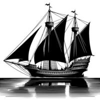 schwarz und Weiß Illustration von ein traditionell alt Segeln Schiff vektor