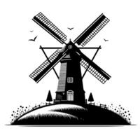 schwarz und Weiß Illustration von ein traditionell alt Windmühle im Holland vektor