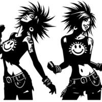 schwarz und Weiß Illustration von ein Punk Frau ist Tanzen und zittern im ein erfolgreich Pose vektor