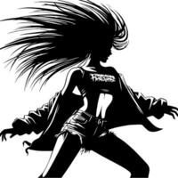 svart och vit illustration av en punk- kvinna är dans och skakning i en framgångsrik utgör vektor