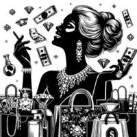 schwarz und Weiß Illustration von ein Glücklich luxuriös Einkaufen Dame mit Taschen und Diamanten und Parfum vektor