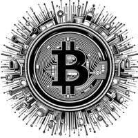 svart och vit illustration av en enda bitcoin mynt vektor
