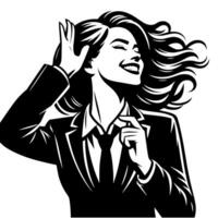 svart och vit illustration av en kvinna i företag kostym är dans och skakning i en framgångsrik utgör vektor