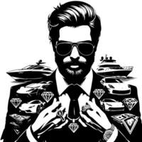 schwarz und Weiß Illustration von ein erfolgreich Geschäft Mann mit Geld Autos Mädchen und Luxus vektor