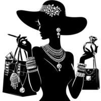 schwarz und Weiß Illustration von ein Glücklich luxuriös Einkaufen Dame mit Taschen und Diamanten und Parfum vektor