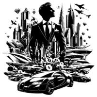 svart och vit illustration av en framgångsrik företag man med pengar bilar flickor och luxus vektor