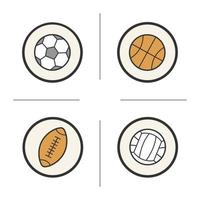 sport bollar färg ikoner set. volleyboll, basket, fotboll och rugbybollar. isolerade vektorillustrationer vektor