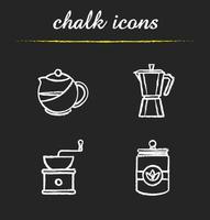 te och kaffe krita ikoner set. tekanna, vintage kaffebönkvarn, teburk, mokakanna. isolerade svarta tavlan vektorillustrationer vektor