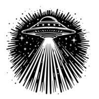 schwarz und Weiß Illustration von ein UFO fliegend Untertasse vektor