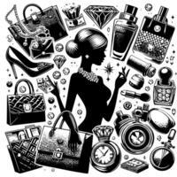 schwarz und Weiß Illustration von ein Glücklich luxuriös Einkaufen Dame mit Taschen und Diamanten und Parfum vektor