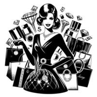 schwarz und Weiß Illustration von ein Glücklich luxuriös Einkaufen Dame mit Taschen und Diamanten und Parfum vektor