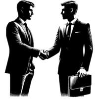 schwarz und Weiß Illustration von ein Handschlag zwischen zwei Geschäft Männer im Anzüge vektor