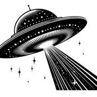 svart och vit illustration av ett UFO flygande fat vektor