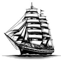 schwarz und Weiß Illustration von ein traditionell alt Segeln Schiff vektor