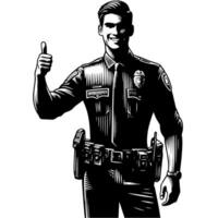 svart och vit illustration av en polis officer vem är som visar de tummen upp tecken vektor