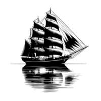 schwarz und Weiß Illustration von ein traditionell alt Segeln Schiff vektor