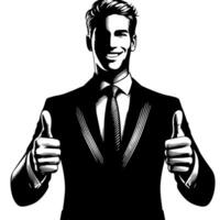 svart och vit illustration av en man i företag kostym är som visar de tummen upp tecken vektor