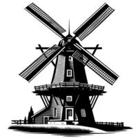 svart och vit illustration av en traditionell gammal väderkvarn i holland vektor