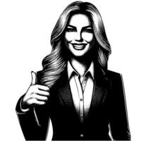 schwarz und Weiß Illustration von ein Frau im Geschäft passen ist zeigen das Daumen oben Zeichen vektor