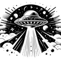 schwarz und Weiß Illustration von ein UFO fliegend Untertasse vektor