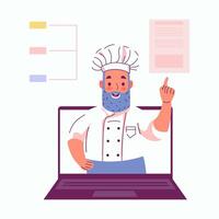 gammal kock, uppkopplad matlagning kurs, internet recept. virtuell digital kulinariska skola begrepp. internet restaurang företag med kock kikar ut av skärm vektor