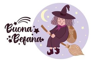 Buona Befana - Italienische Übersetzung - Happy Befana - Schriftzug verziert mit Sternen und Kometensymbolen. süße Hexe Befana Tradition Weihnachten Epiphanie Charakter in Italien fliegen auf Besen vektor