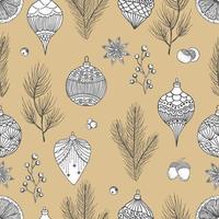 Vintage-Weihnachten-Vektor-Illustration. nahtloses Muster mit handgezeichneten Kegeln, Weihnachtsbaum, Weihnachtskugel. vektor