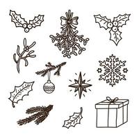 god jul dekorationer set. doodle stil. vinter traditionella knep för hälsnings- och inbjudningskortdesign och dekoration vektor