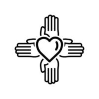 vier Hände Liniensymbol mit Herz. Wohltätigkeitssymbol, Spende, Menschlichkeit. editierbarer Strich. Designvorlage Vektor