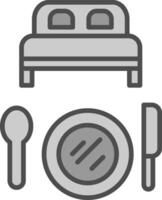 säng och frukost linje fylld gråskale ikon design vektor