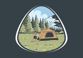 camping ensam i natur. årgång utomhus- illustration bricka design vektor