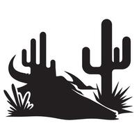 ein Wüste Szene mit ein Kaktus Silhouette neben ein Kuh Schädel vektor