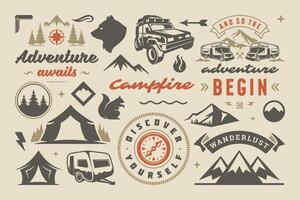 camping och utomhus- äventyr design element uppsättning citat och ikoner illustration vektor